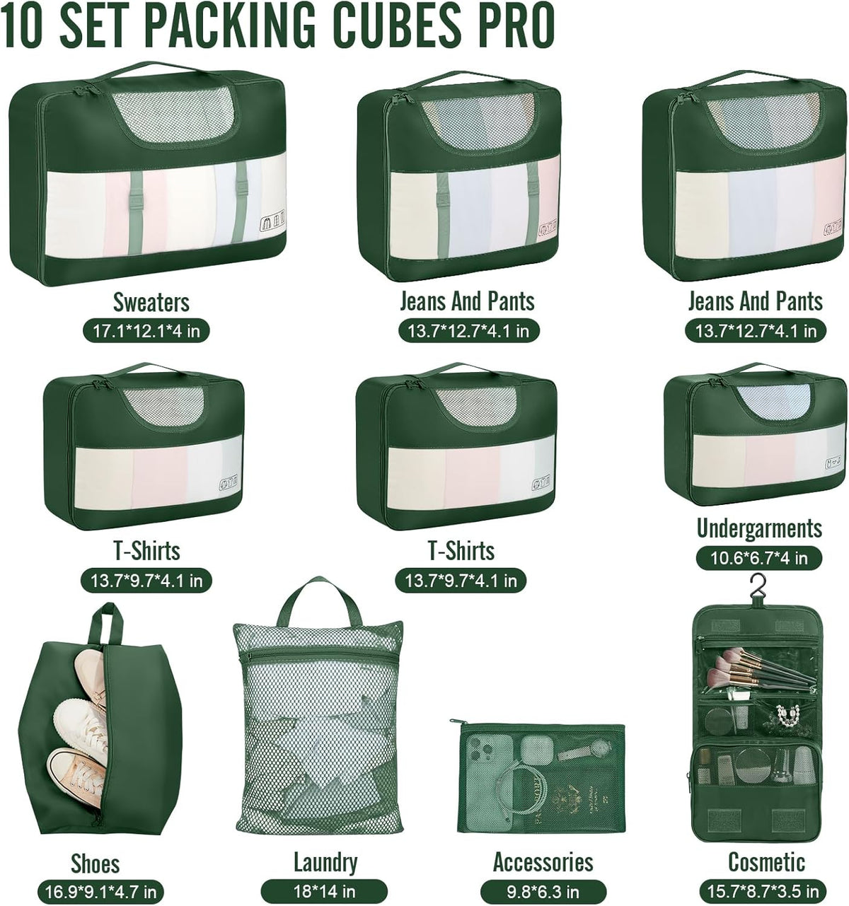 10 Set Packing Cubes for Travel Essentials, Suitcase Organizer Bags in 4 Sizes, Carry-On Luggage Accessories with Laundry Bag, Airplane Must Have with 99-Count Mesh Holes