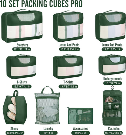 10 Set Packing Cubes for Travel Essentials, Suitcase Organizer Bags in 4 Sizes, Carry-On Luggage Accessories with Laundry Bag, Airplane Must Have with 99-Count Mesh Holes