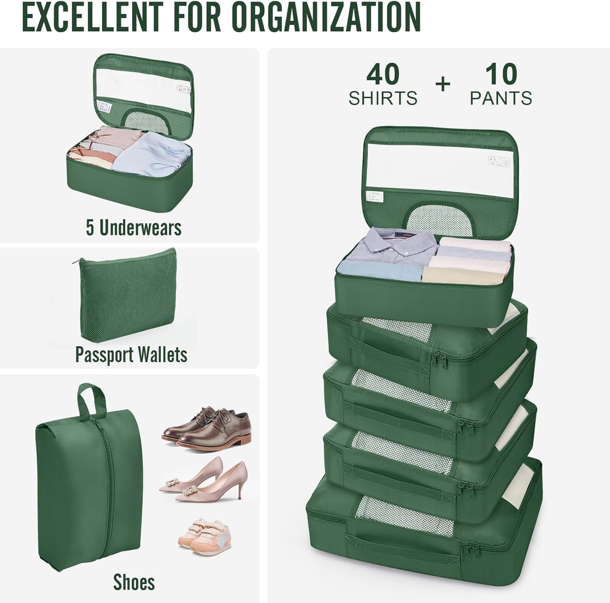 10 Set Packing Cubes for Travel Essentials, Suitcase Organizer Bags in 4 Sizes, Carry-On Luggage Accessories with Laundry Bag, Airplane Must Have with 99-Count Mesh Holes