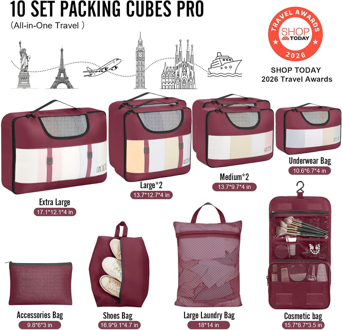 10 Set Packing Cubes for Travel Essentials, Suitcase Organizer Bags in 4 Sizes, Carry-On Luggage Accessories with Laundry Bag, Airplane Must Have with 99-Count Mesh Holes