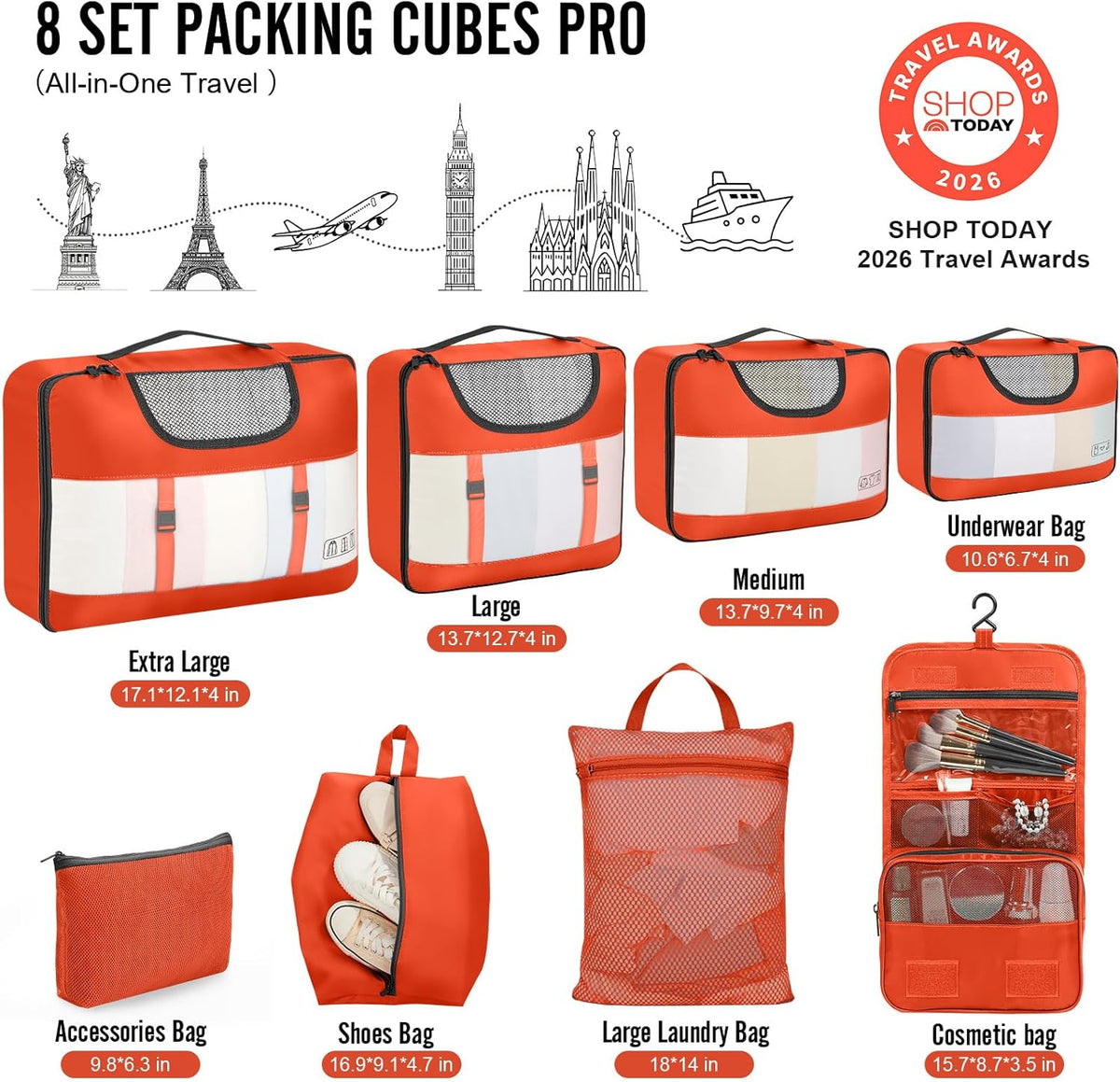 10 Set Packing Cubes for Travel Essentials, Suitcase Organizer Bags in 4 Sizes, Carry-On Luggage Accessories with Laundry Bag, Airplane Must Have with 99-Count Mesh Holes