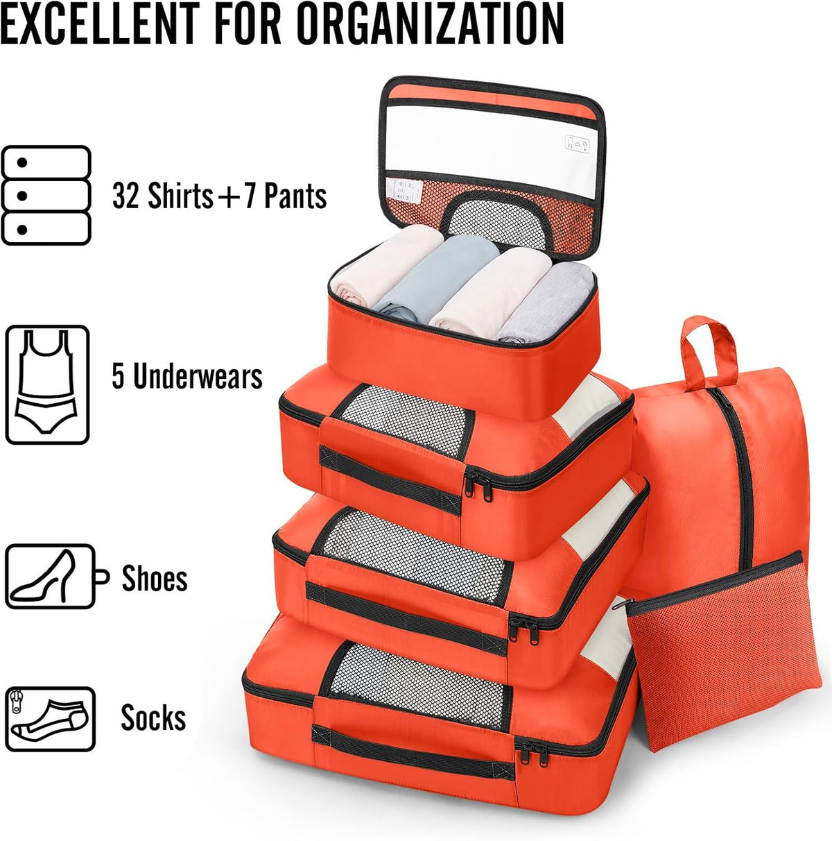10 Set Packing Cubes for Travel Essentials, Suitcase Organizer Bags in 4 Sizes, Carry-On Luggage Accessories with Laundry Bag, Airplane Must Have with 99-Count Mesh Holes