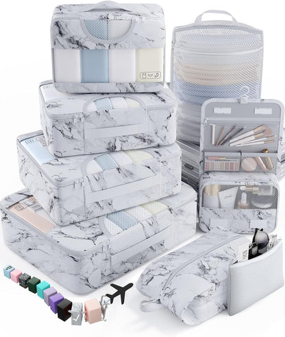 10 Set Packing Cubes for Travel Essentials, Suitcase Organizer Bags in 4 Sizes, Carry-On Luggage Accessories with Laundry Bag, Airplane Must Have with 99-Count Mesh Holes