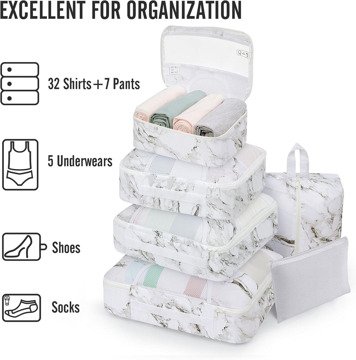 10 Set Packing Cubes for Travel Essentials, Suitcase Organizer Bags in 4 Sizes, Carry-On Luggage Accessories with Laundry Bag, Airplane Must Have with 99-Count Mesh Holes
