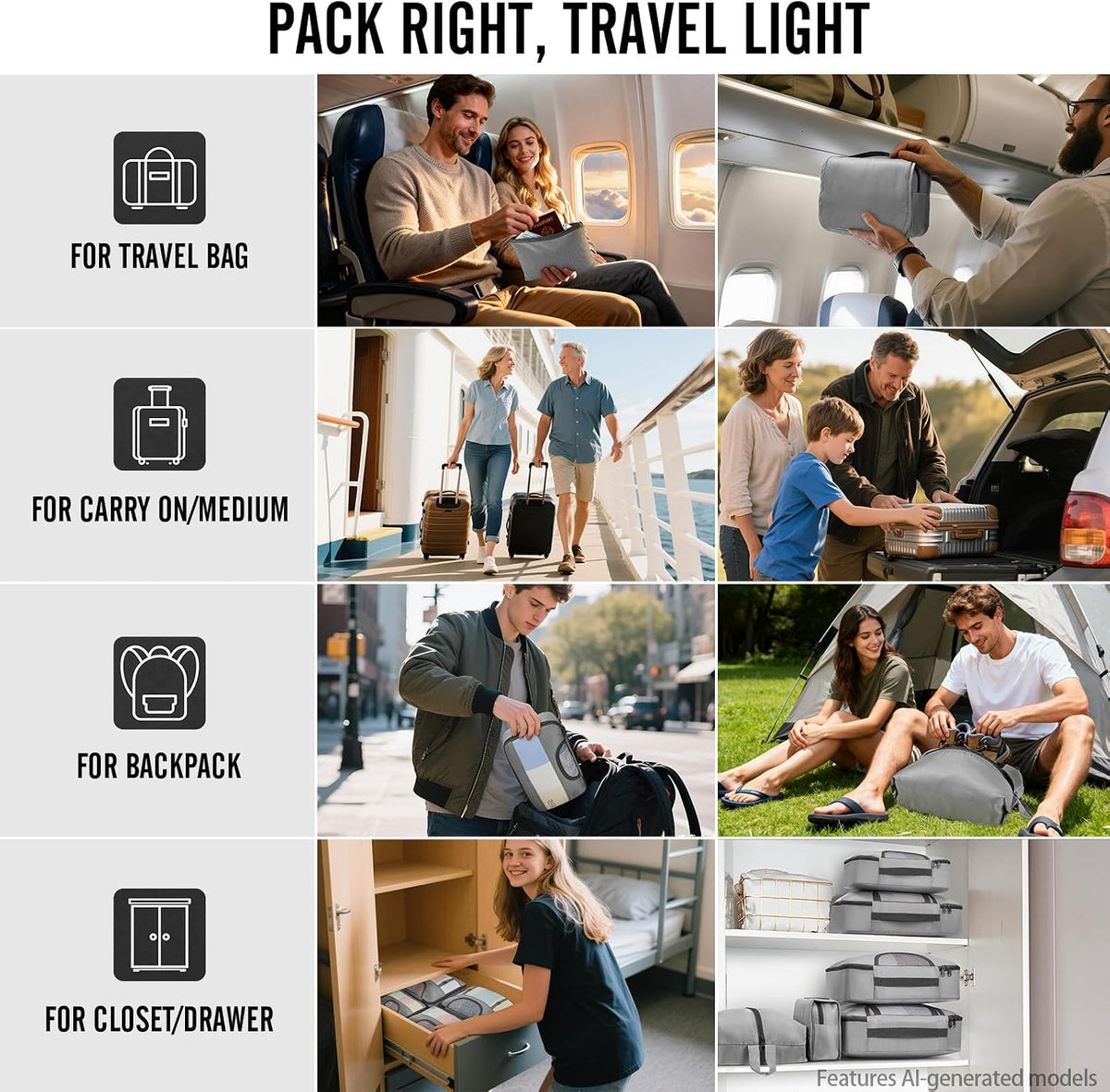 10 Set Packing Cubes for Travel Essentials, Suitcase Organizer Bags in 4 Sizes, Carry-On Luggage Accessories with Laundry Bag, Airplane Must Have with 99-Count Mesh Holes