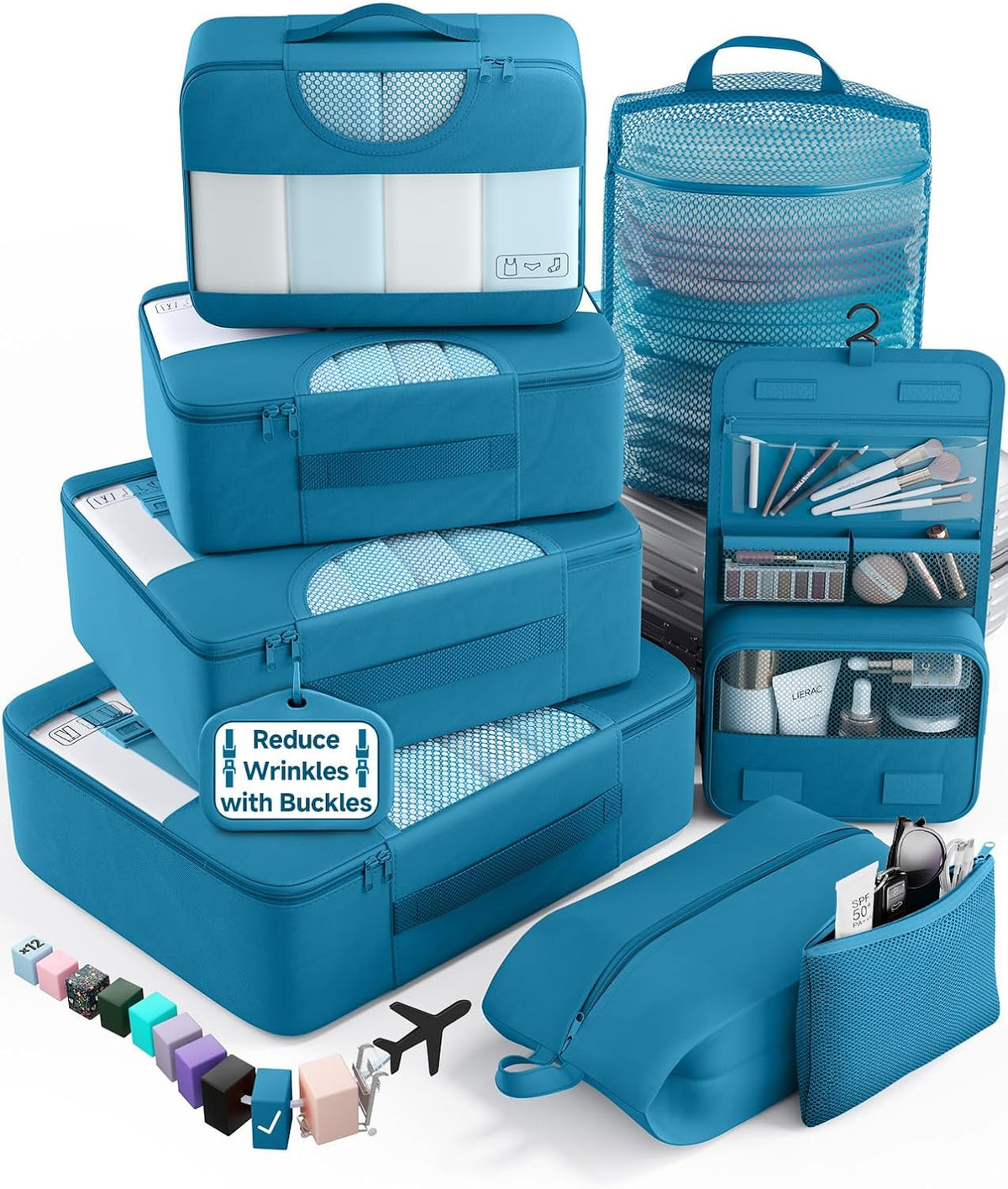 10 Set Packing Cubes for Travel Essentials, Suitcase Organizer Bags in 4 Sizes, Carry-On Luggage Accessories with Laundry Bag, Airplane Must Have with 99-Count Mesh Holes