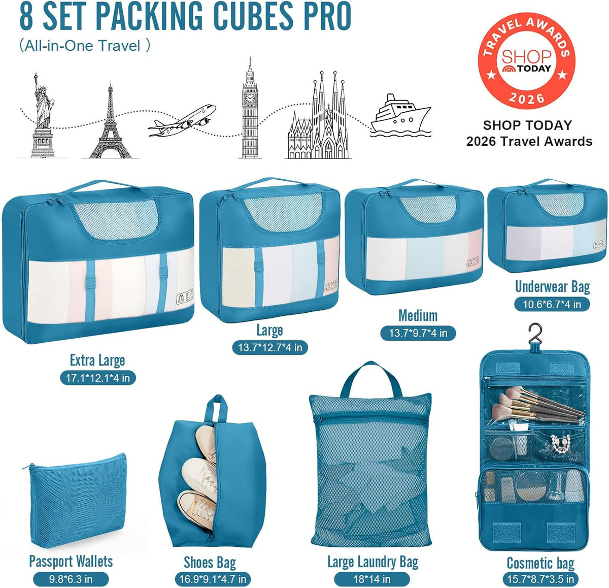 10 Set Packing Cubes for Travel Essentials, Suitcase Organizer Bags in 4 Sizes, Carry-On Luggage Accessories with Laundry Bag, Airplane Must Have with 99-Count Mesh Holes