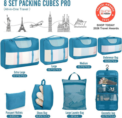 10 Set Packing Cubes for Travel Essentials, Suitcase Organizer Bags in 4 Sizes, Carry-On Luggage Accessories with Laundry Bag, Airplane Must Have with 99-Count Mesh Holes