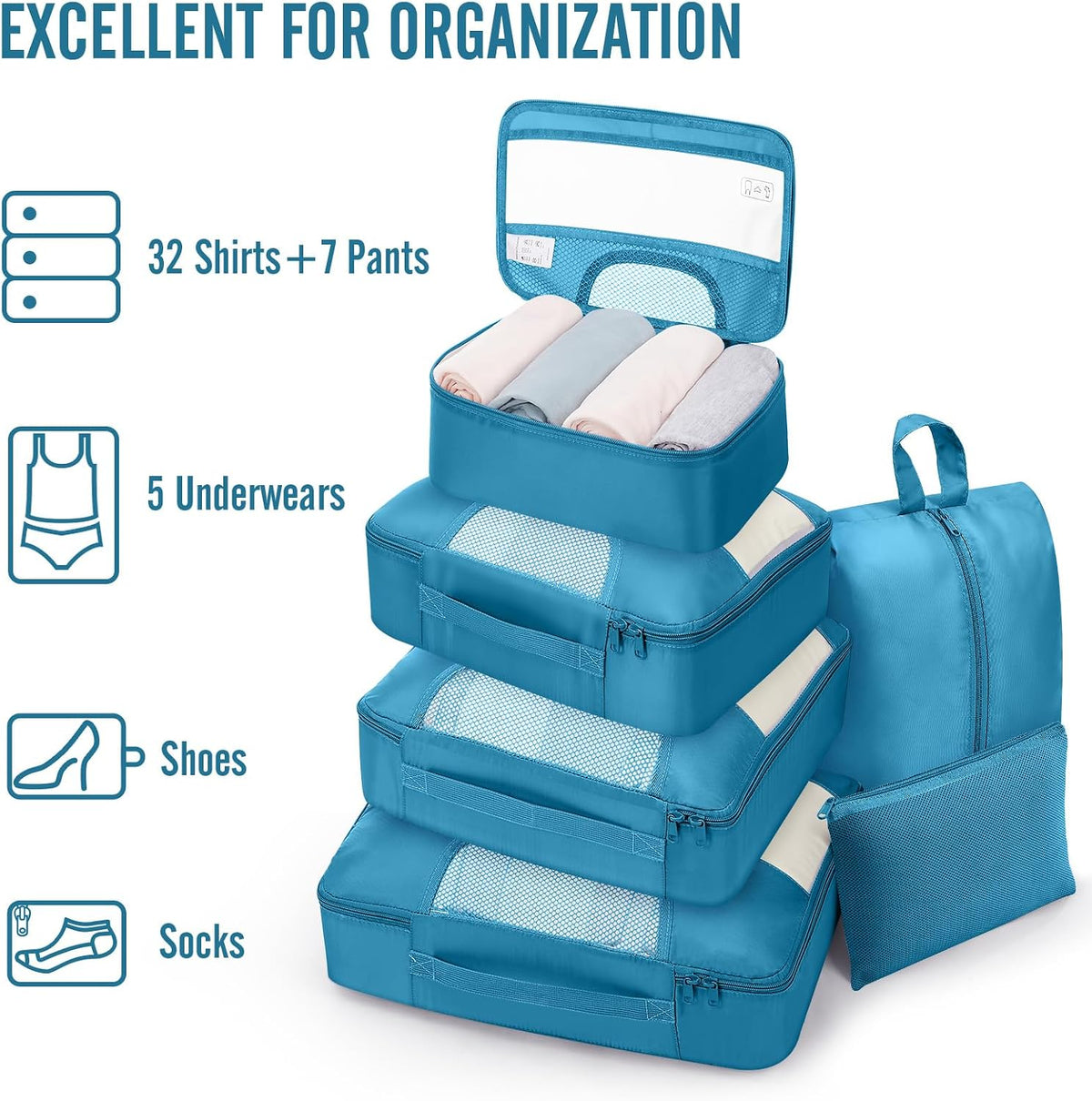 10 Set Packing Cubes for Travel Essentials, Suitcase Organizer Bags in 4 Sizes, Carry-On Luggage Accessories with Laundry Bag, Airplane Must Have with 99-Count Mesh Holes