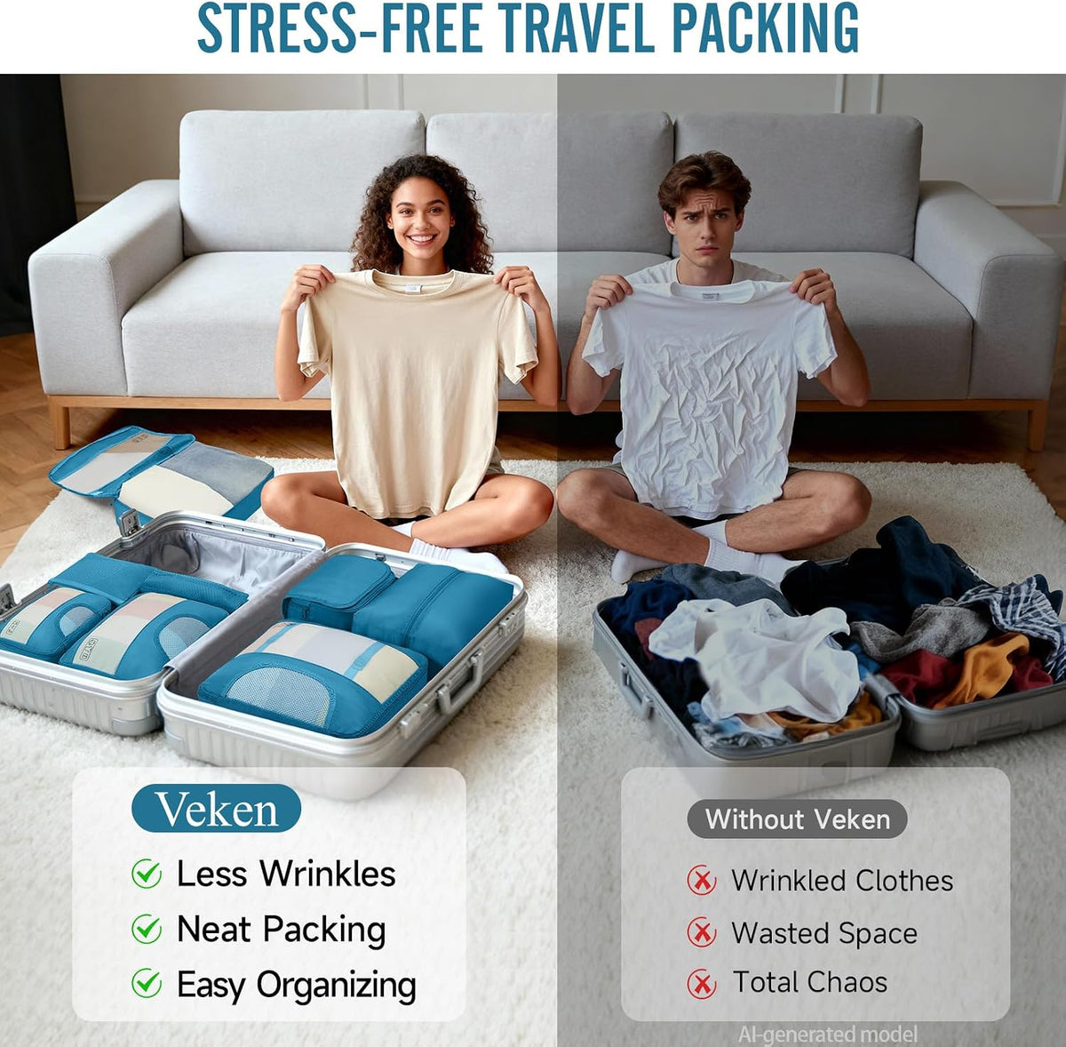 10 Set Packing Cubes for Travel Essentials, Suitcase Organizer Bags in 4 Sizes, Carry-On Luggage Accessories with Laundry Bag, Airplane Must Have with 99-Count Mesh Holes