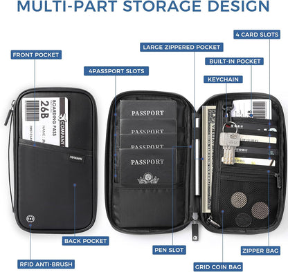 Travel Passport Holder - Family Passport Wallet Holder, Lightweight Portable Travel Document Organizer Passport Card Cover with Zipper Pocket (Black)