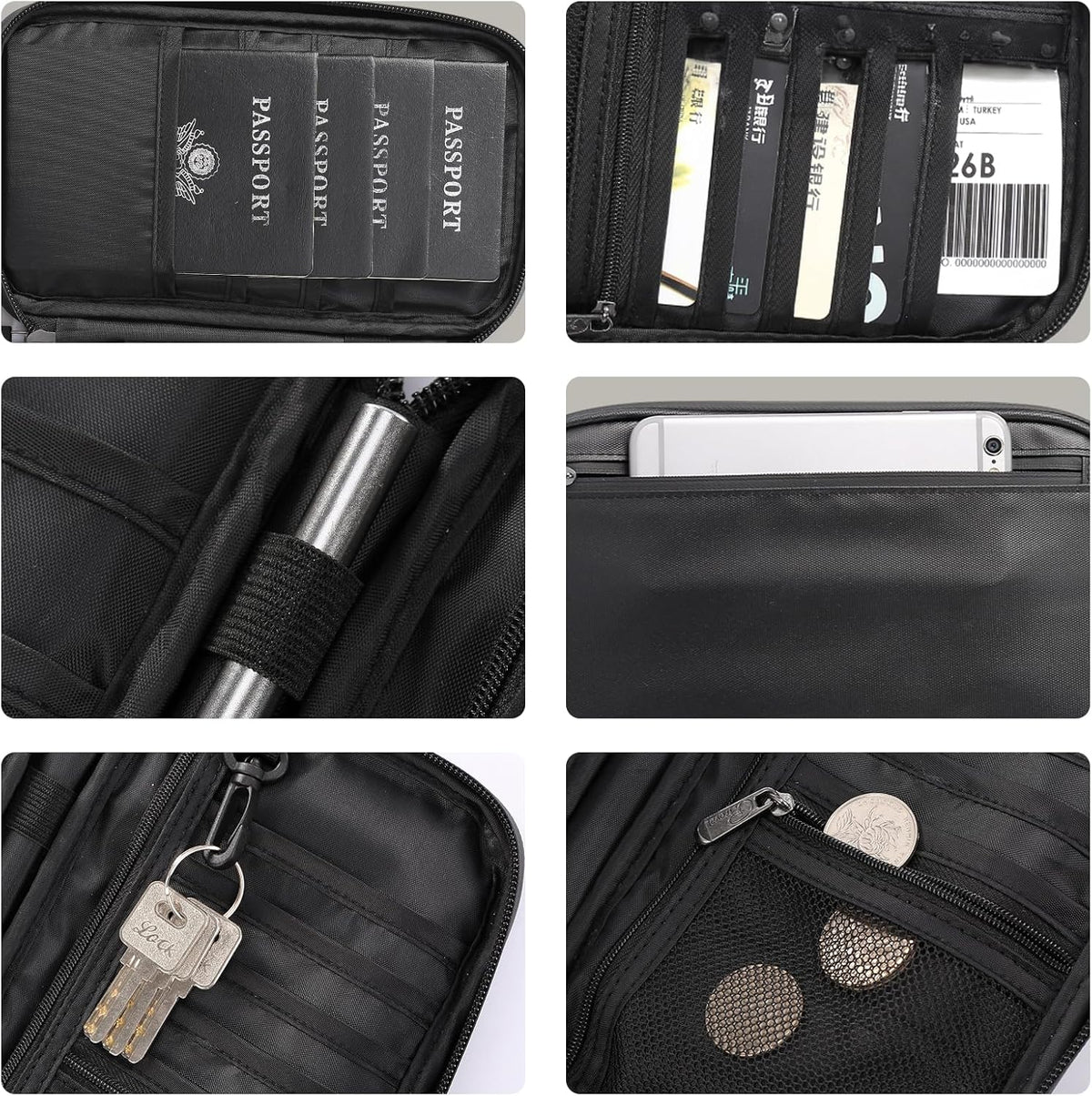 Travel Passport Holder - Family Passport Wallet Holder, Lightweight Portable Travel Document Organizer Passport Card Cover with Zipper Pocket (Black)