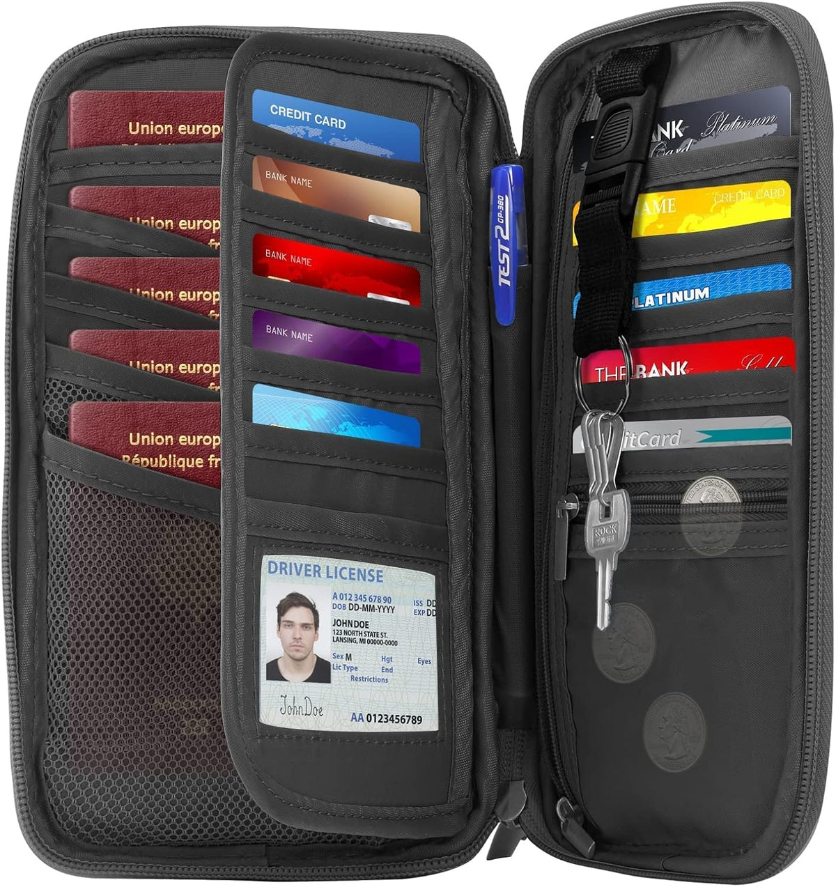 Travel Passport Holder - Family Passport Wallet Holder, Lightweight Portable Travel Document Organizer Passport Card Cover with Zipper Pocket (Black)