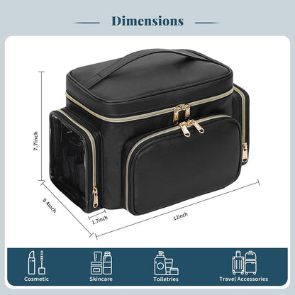 Bagmoly Large Makeup Bag, Portable Travel Makeup Bag Organizer for Women Girls with Makeup Brush Compartment & Two Side Pockets, Cosmetic Travel Bag Vertical Storage Toiletry Bag - Black