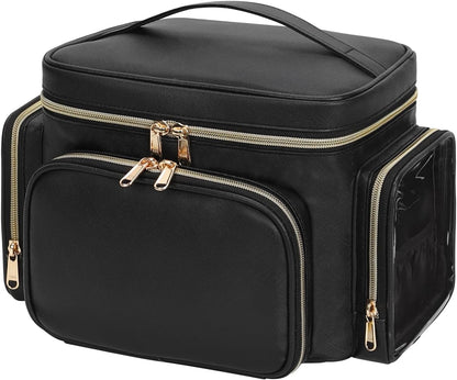 Bagmoly Large Makeup Bag, Portable Travel Makeup Bag Organizer for Women Girls with Makeup Brush Compartment & Two Side Pockets, Cosmetic Travel Bag Vertical Storage Toiletry Bag - Black
