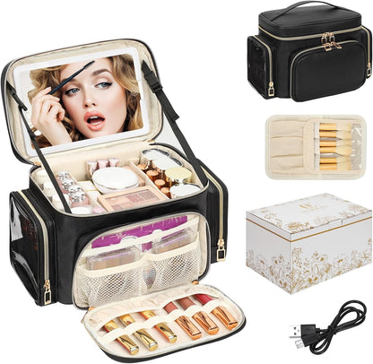 Bagmoly Large Makeup Bag, Portable Travel Makeup Bag Organizer for Women Girls with Makeup Brush Compartment & Two Side Pockets, Cosmetic Travel Bag Vertical Storage Toiletry Bag - Black