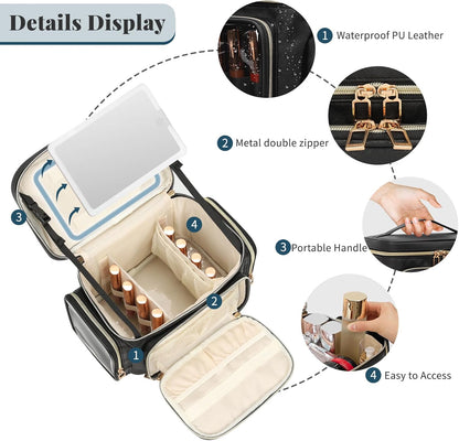 Bagmoly Large Makeup Bag, Portable Travel Makeup Bag Organizer for Women Girls with Makeup Brush Compartment & Two Side Pockets, Cosmetic Travel Bag Vertical Storage Toiletry Bag - Black