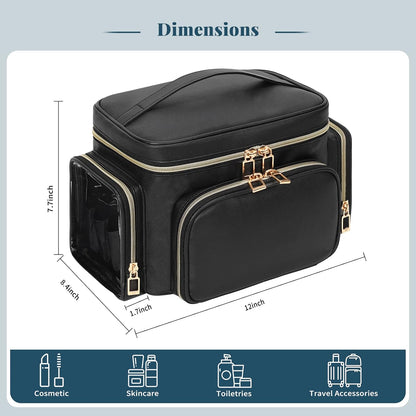 Bagmoly Large Makeup Bag, Portable Travel Makeup Bag Organizer for Women Girls with Makeup Brush Compartment & Two Side Pockets, Cosmetic Travel Bag Vertical Storage Toiletry Bag - Black