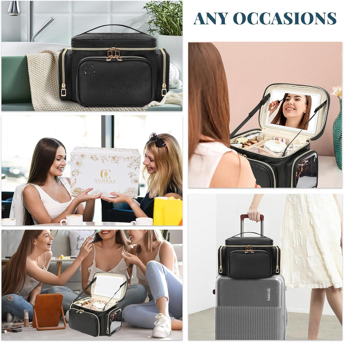 Bagmoly Large Makeup Bag, Portable Travel Makeup Bag Organizer for Women Girls with Makeup Brush Compartment & Two Side Pockets, Cosmetic Travel Bag Vertical Storage Toiletry Bag - Black