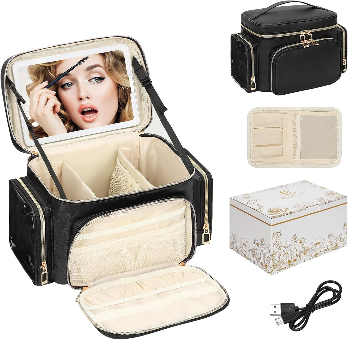 Bagmoly Large Makeup Bag, Portable Travel Makeup Bag Organizer for Women Girls with Makeup Brush Compartment & Two Side Pockets, Cosmetic Travel Bag Vertical Storage Toiletry Bag - Black
