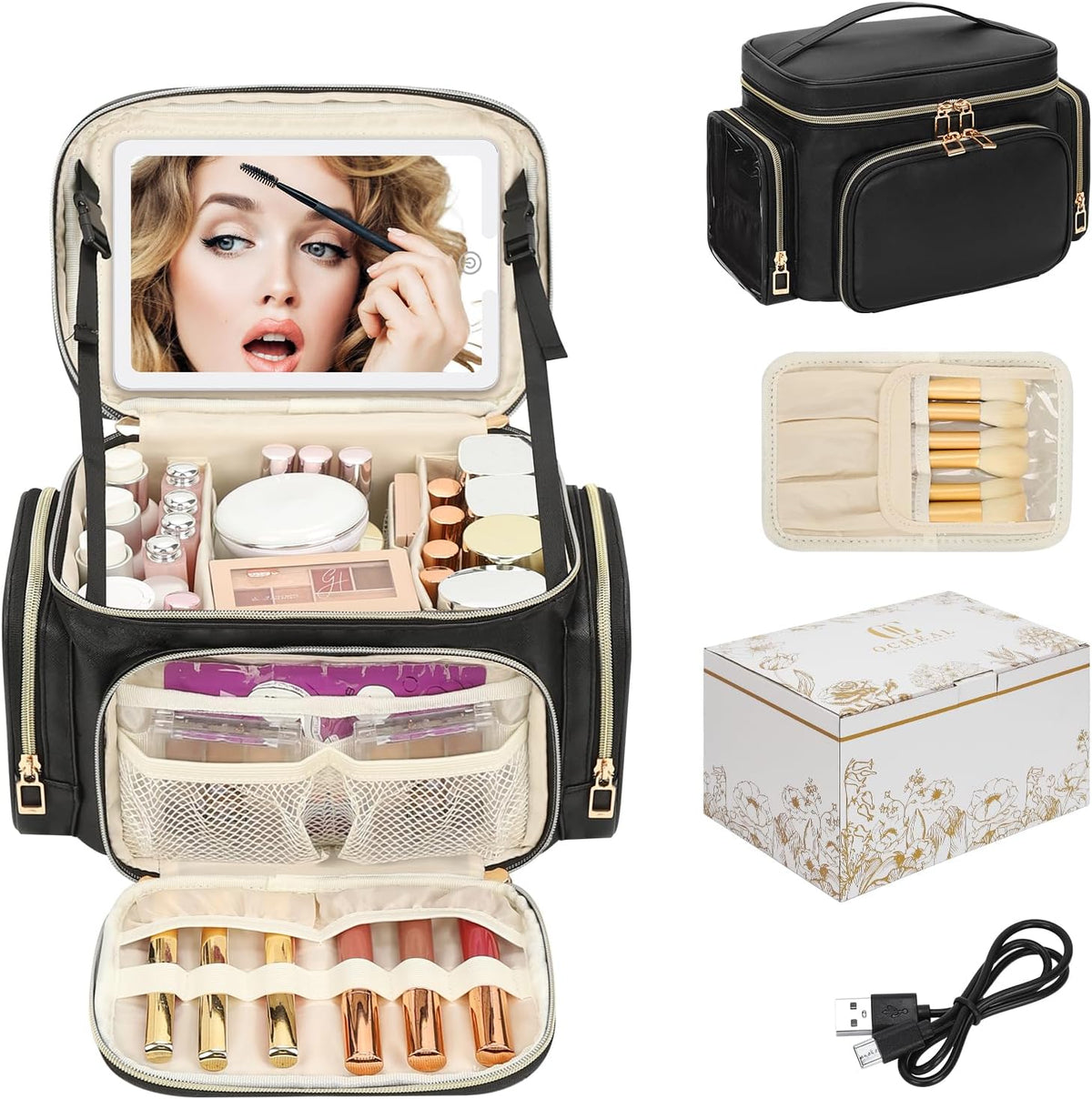 Bagmoly Large Makeup Bag, Portable Travel Makeup Bag Organizer for Women Girls with Makeup Brush Compartment & Two Side Pockets, Cosmetic Travel Bag Vertical Storage Toiletry Bag - Black