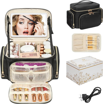 Bagmoly Large Makeup Bag, Portable Travel Makeup Bag Organizer for Women Girls with Makeup Brush Compartment & Two Side Pockets, Cosmetic Travel Bag Vertical Storage Toiletry Bag - Black