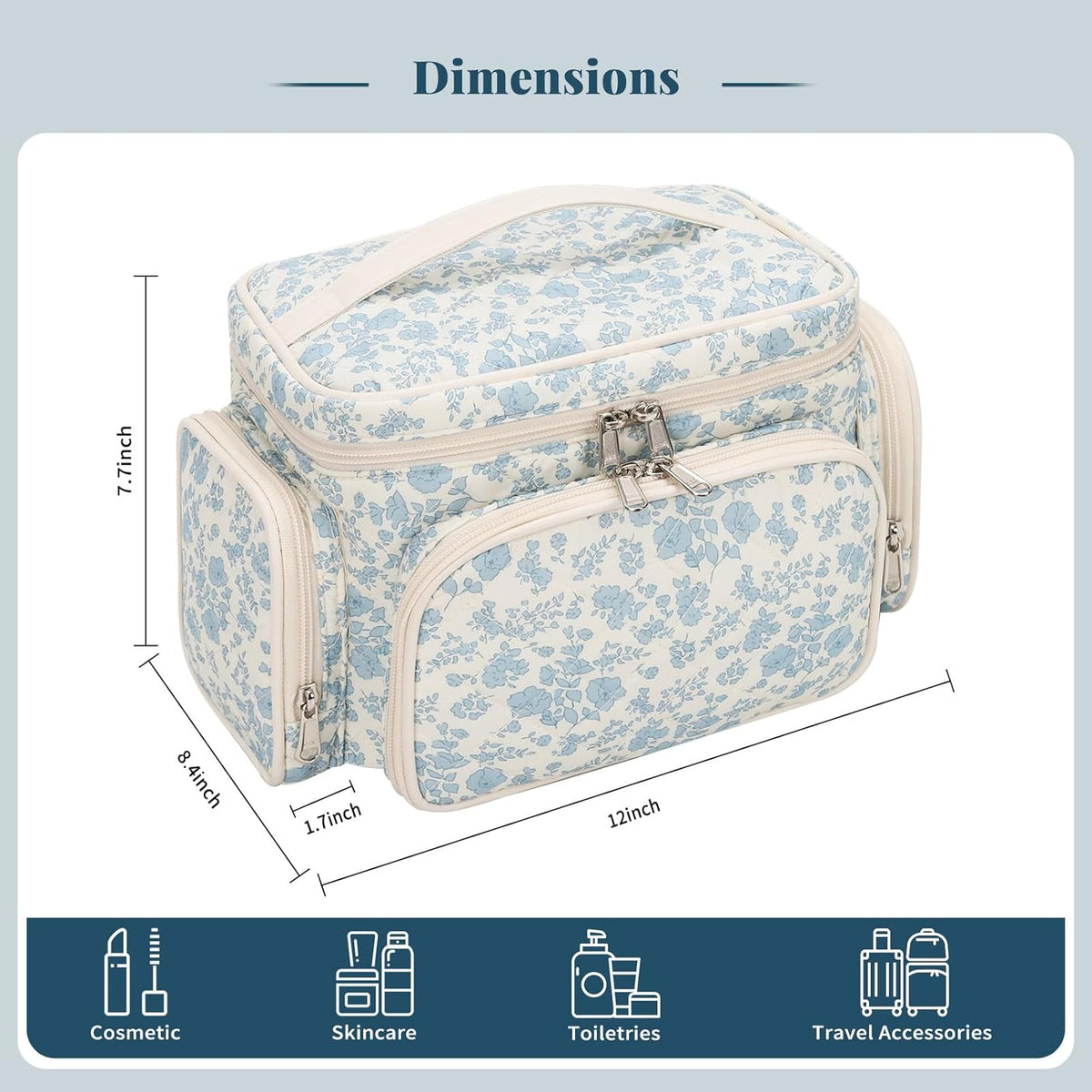 Bagmoly Large Makeup Bag, Portable Travel Makeup Bag Organizer for Women Girls with Makeup Brush Compartment & Two Side Pockets, Cosmetic Travel Bag Vertical Storage Toiletry Bag - Black