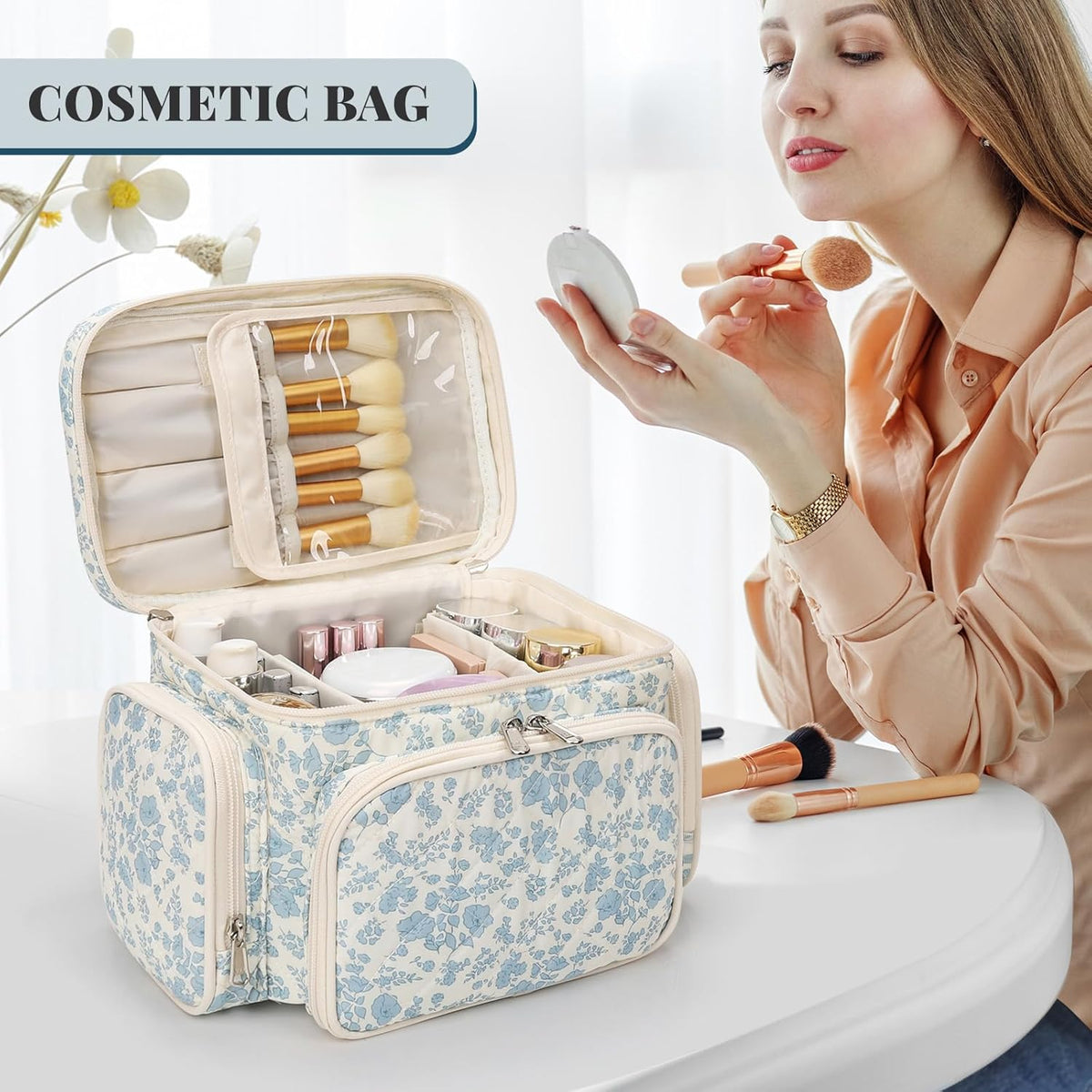 Bagmoly Large Makeup Bag, Portable Travel Makeup Bag Organizer for Women Girls with Makeup Brush Compartment & Two Side Pockets, Cosmetic Travel Bag Vertical Storage Toiletry Bag - Black