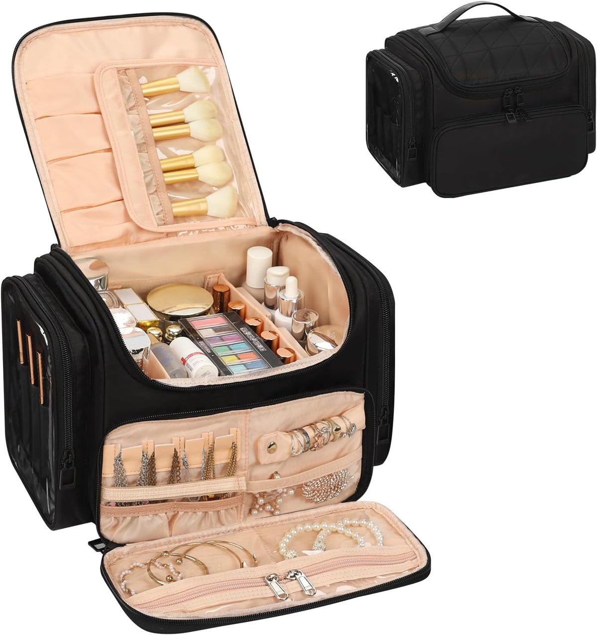 Bagmoly Large Makeup Bag, Portable Travel Makeup Bag Organizer for Women Girls with Makeup Brush Compartment & Two Side Pockets, Cosmetic Travel Bag Vertical Storage Toiletry Bag - Black