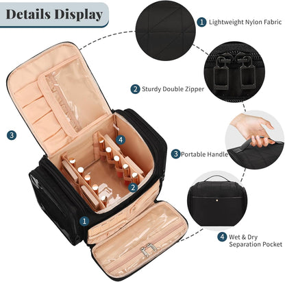 Bagmoly Large Makeup Bag, Portable Travel Makeup Bag Organizer for Women Girls with Makeup Brush Compartment & Two Side Pockets, Cosmetic Travel Bag Vertical Storage Toiletry Bag - Black