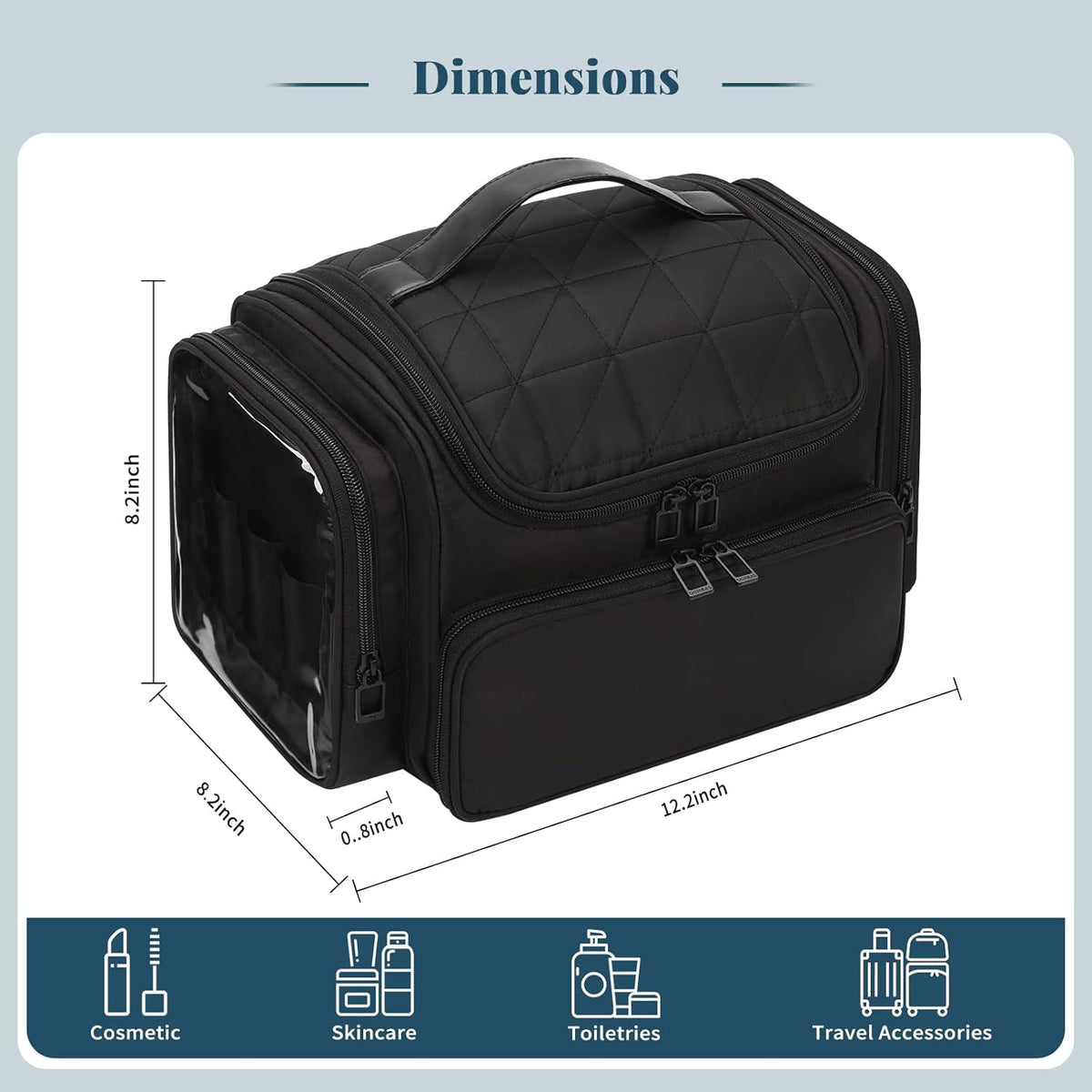Bagmoly Large Makeup Bag, Portable Travel Makeup Bag Organizer for Women Girls with Makeup Brush Compartment & Two Side Pockets, Cosmetic Travel Bag Vertical Storage Toiletry Bag - Black