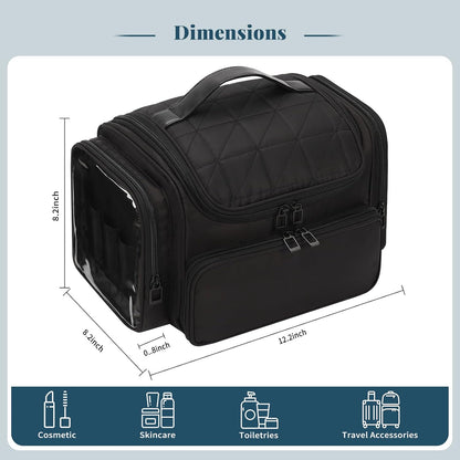Bagmoly Large Makeup Bag, Portable Travel Makeup Bag Organizer for Women Girls with Makeup Brush Compartment & Two Side Pockets, Cosmetic Travel Bag Vertical Storage Toiletry Bag - Black