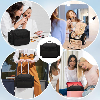 Bagmoly Large Makeup Bag, Portable Travel Makeup Bag Organizer for Women Girls with Makeup Brush Compartment & Two Side Pockets, Cosmetic Travel Bag Vertical Storage Toiletry Bag - Black