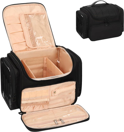 Bagmoly Large Makeup Bag, Portable Travel Makeup Bag Organizer for Women Girls with Makeup Brush Compartment & Two Side Pockets, Cosmetic Travel Bag Vertical Storage Toiletry Bag - Black