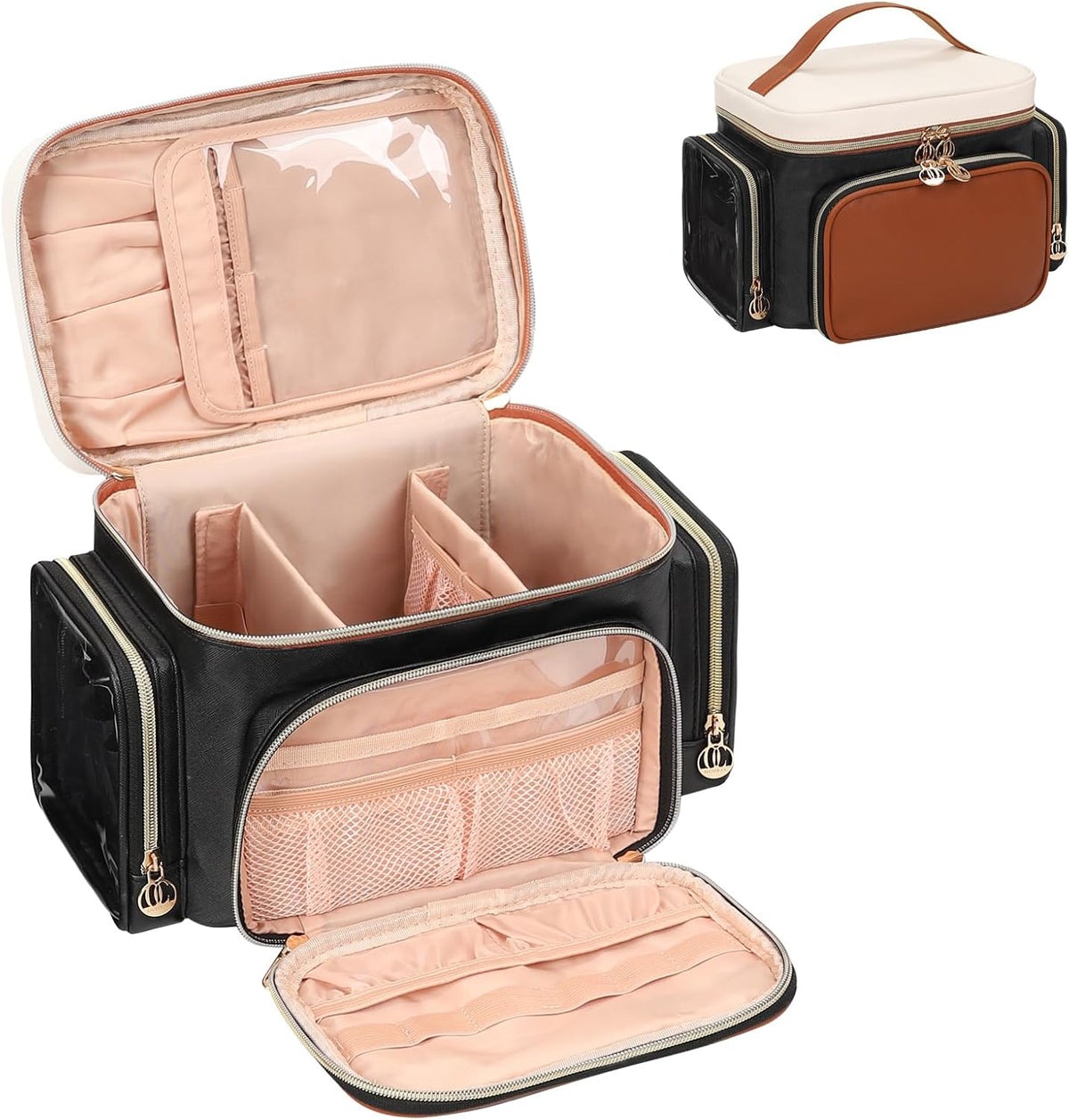 Bagmoly Large Makeup Bag, Portable Travel Makeup Bag Organizer for Women Girls with Makeup Brush Compartment & Two Side Pockets, Cosmetic Travel Bag Vertical Storage Toiletry Bag - Black