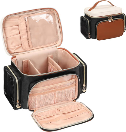 Bagmoly Large Makeup Bag, Portable Travel Makeup Bag Organizer for Women Girls with Makeup Brush Compartment & Two Side Pockets, Cosmetic Travel Bag Vertical Storage Toiletry Bag - Black