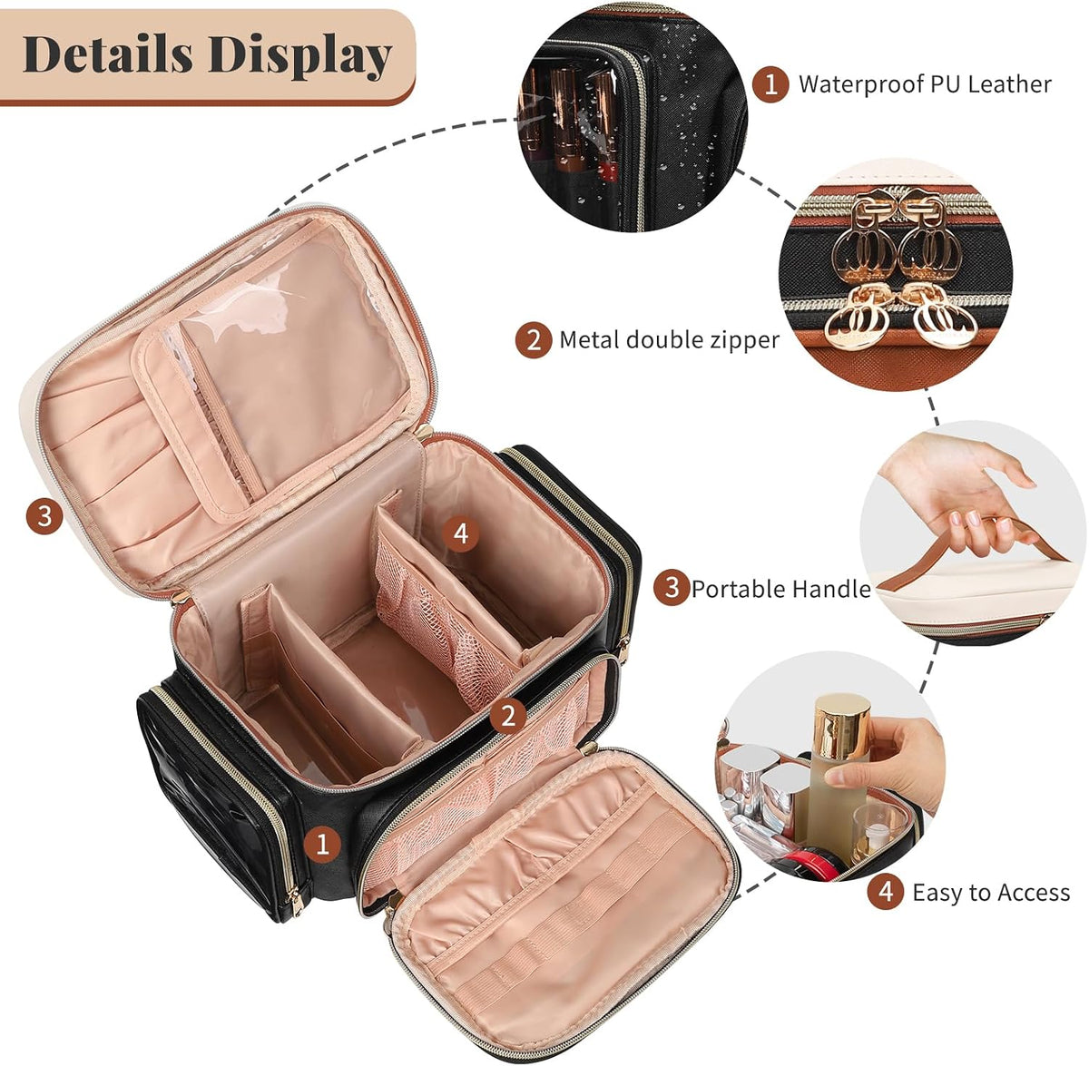 Bagmoly Large Makeup Bag, Portable Travel Makeup Bag Organizer for Women Girls with Makeup Brush Compartment & Two Side Pockets, Cosmetic Travel Bag Vertical Storage Toiletry Bag - Black