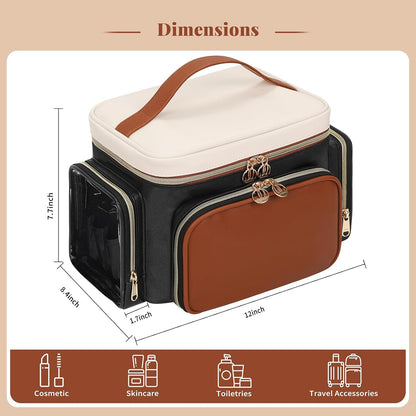 Bagmoly Large Makeup Bag, Portable Travel Makeup Bag Organizer for Women Girls with Makeup Brush Compartment & Two Side Pockets, Cosmetic Travel Bag Vertical Storage Toiletry Bag - Black
