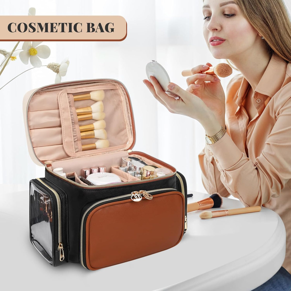 Bagmoly Large Makeup Bag, Portable Travel Makeup Bag Organizer for Women Girls with Makeup Brush Compartment & Two Side Pockets, Cosmetic Travel Bag Vertical Storage Toiletry Bag - Black