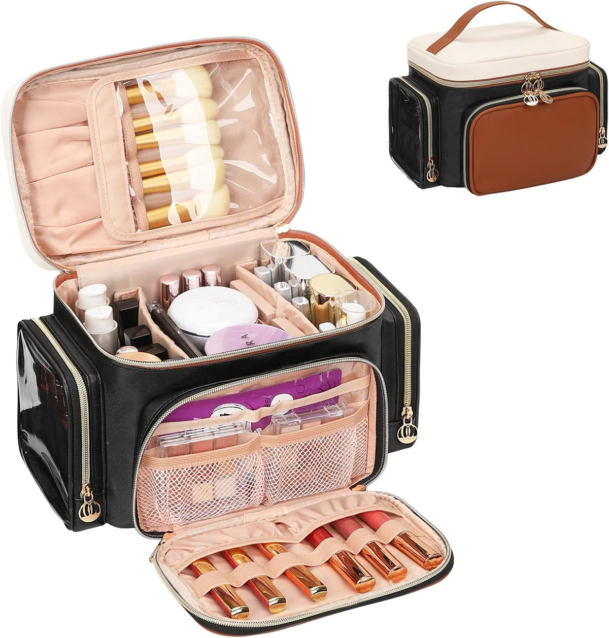 Bagmoly Large Makeup Bag, Portable Travel Makeup Bag Organizer for Women Girls with Makeup Brush Compartment & Two Side Pockets, Cosmetic Travel Bag Vertical Storage Toiletry Bag - Black