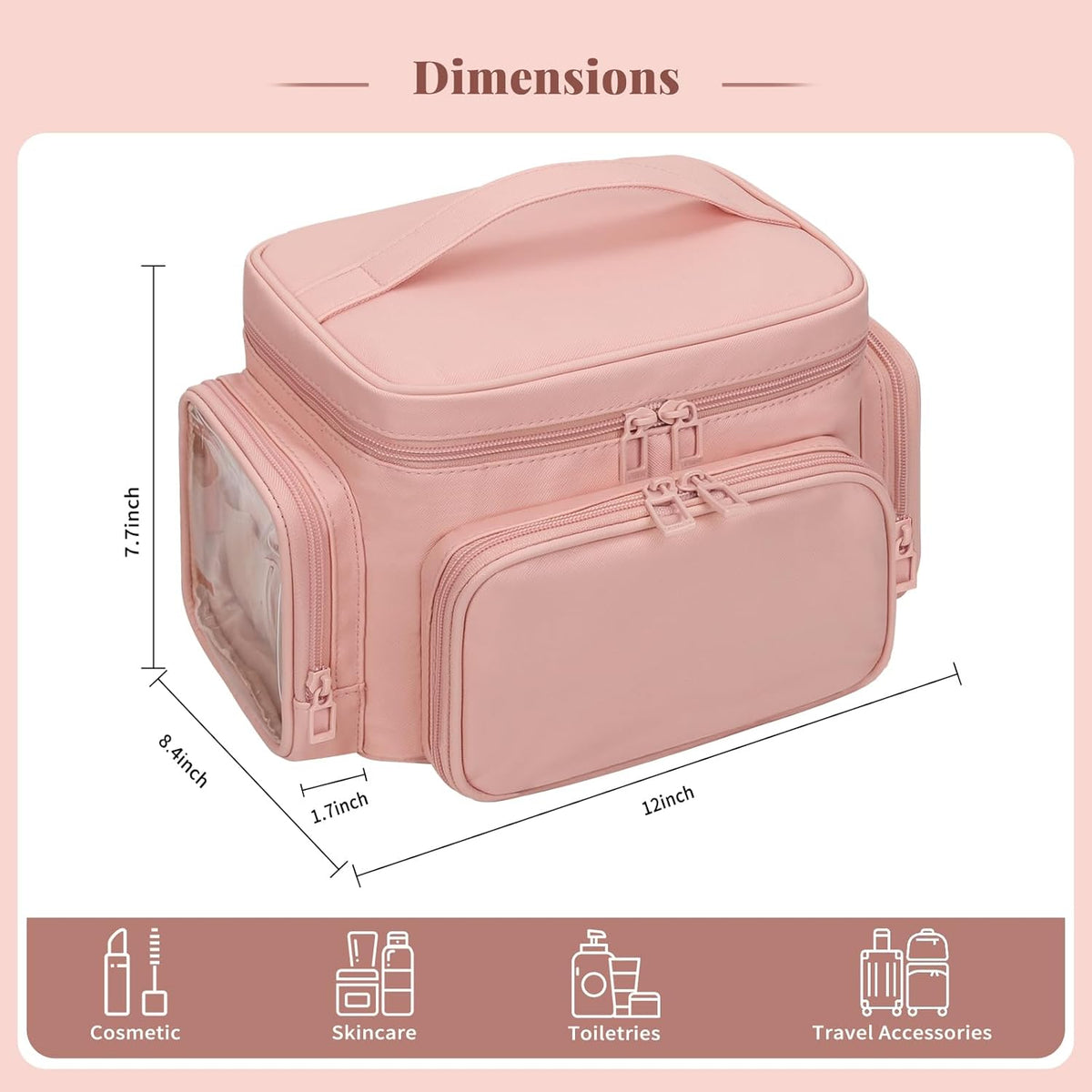 Bagmoly Large Makeup Bag, Portable Travel Makeup Bag Organizer for Women Girls with Makeup Brush Compartment & Two Side Pockets, Cosmetic Travel Bag Vertical Storage Toiletry Bag - Black