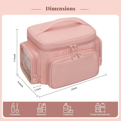 Bagmoly Large Makeup Bag, Portable Travel Makeup Bag Organizer for Women Girls with Makeup Brush Compartment & Two Side Pockets, Cosmetic Travel Bag Vertical Storage Toiletry Bag - Black