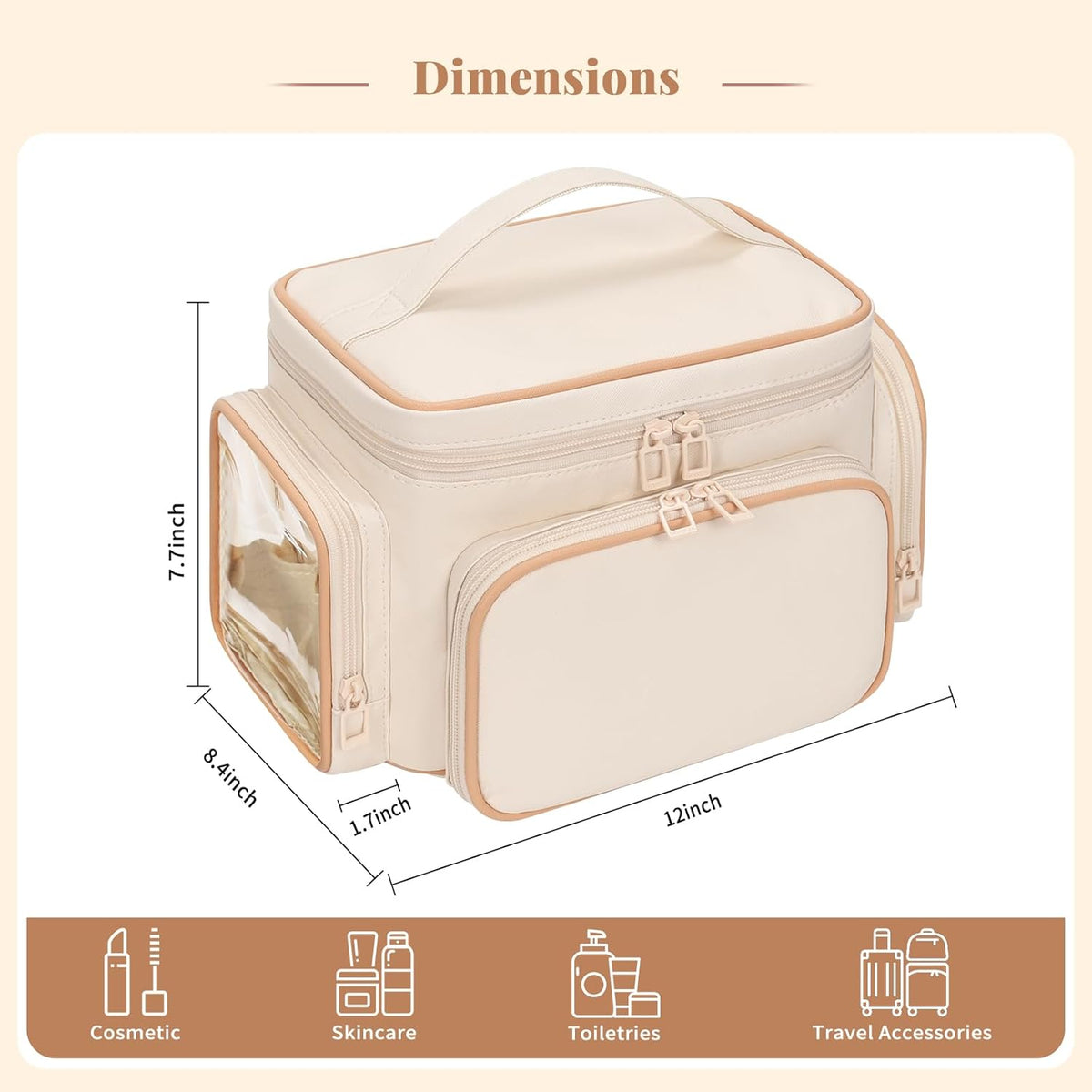 Bagmoly Large Makeup Bag, Portable Travel Makeup Bag Organizer for Women Girls with Makeup Brush Compartment & Two Side Pockets, Cosmetic Travel Bag Vertical Storage Toiletry Bag - Black