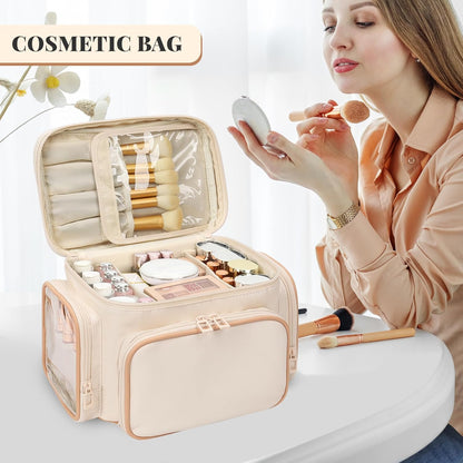 Bagmoly Large Makeup Bag, Portable Travel Makeup Bag Organizer for Women Girls with Makeup Brush Compartment & Two Side Pockets, Cosmetic Travel Bag Vertical Storage Toiletry Bag - Black