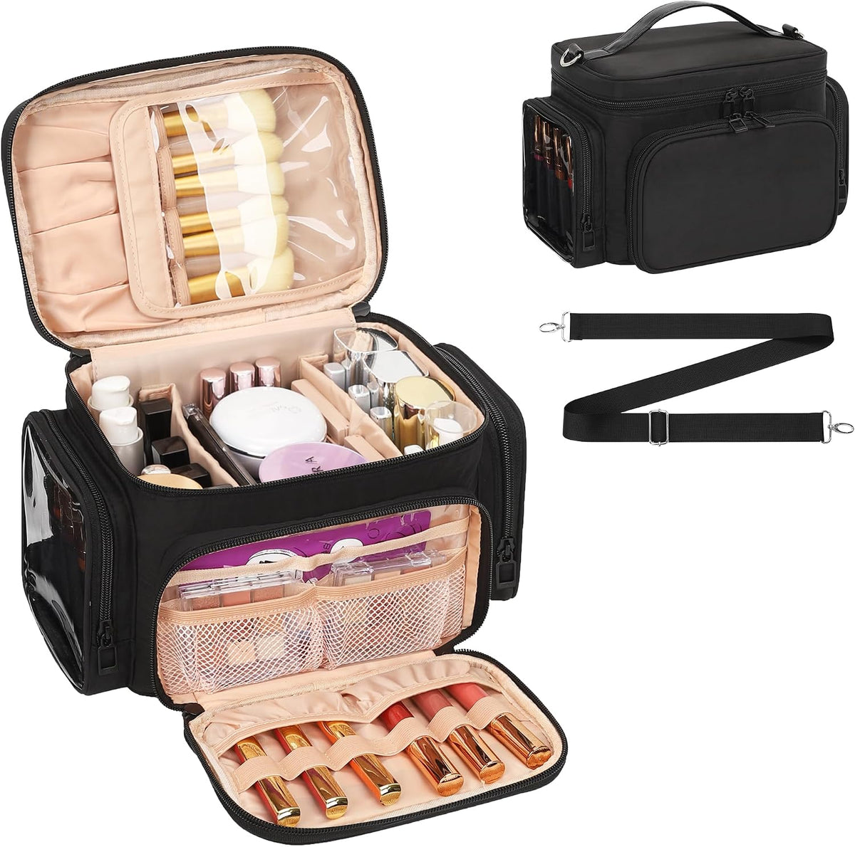 Bagmoly Large Makeup Bag, Portable Travel Makeup Bag Organizer for Women Girls with Makeup Brush Compartment & Two Side Pockets, Cosmetic Travel Bag Vertical Storage Toiletry Bag - Black