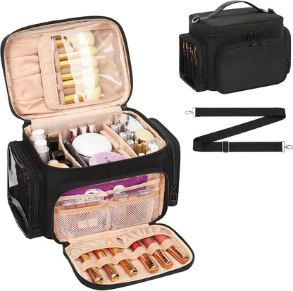 Bagmoly Large Makeup Bag, Portable Travel Makeup Bag Organizer for Women Girls with Makeup Brush Compartment & Two Side Pockets, Cosmetic Travel Bag Vertical Storage Toiletry Bag - Black