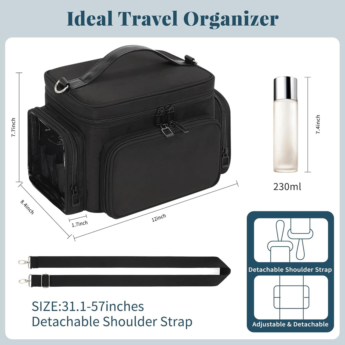 Bagmoly Large Makeup Bag, Portable Travel Makeup Bag Organizer for Women Girls with Makeup Brush Compartment & Two Side Pockets, Cosmetic Travel Bag Vertical Storage Toiletry Bag - Black