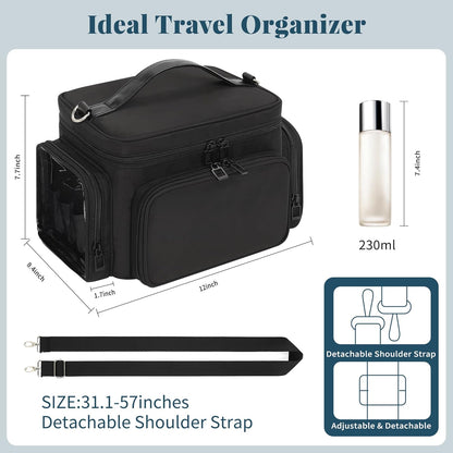 Bagmoly Large Makeup Bag, Portable Travel Makeup Bag Organizer for Women Girls with Makeup Brush Compartment & Two Side Pockets, Cosmetic Travel Bag Vertical Storage Toiletry Bag - Black