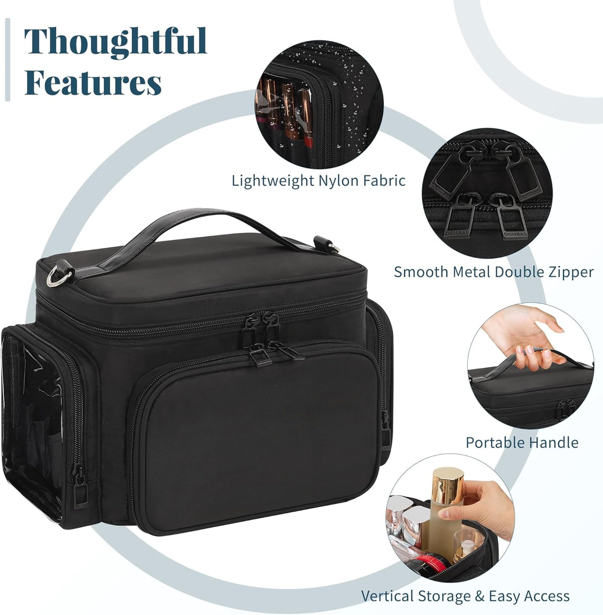 Bagmoly Large Makeup Bag, Portable Travel Makeup Bag Organizer for Women Girls with Makeup Brush Compartment & Two Side Pockets, Cosmetic Travel Bag Vertical Storage Toiletry Bag - Black