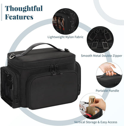 Bagmoly Large Makeup Bag, Portable Travel Makeup Bag Organizer for Women Girls with Makeup Brush Compartment & Two Side Pockets, Cosmetic Travel Bag Vertical Storage Toiletry Bag - Black